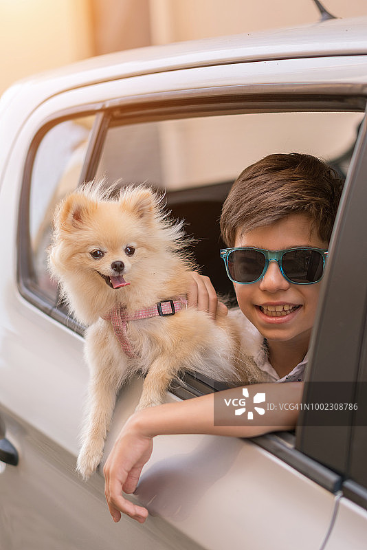 坐在车窗旁的博美犬和快乐男孩，准备去旅行图片素材