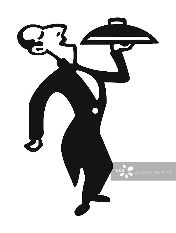 端着圆顶托盘的服务员图片素材