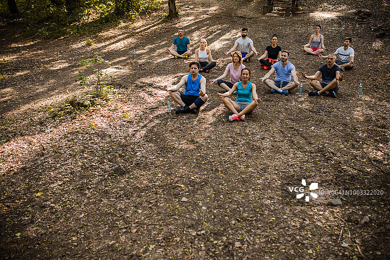 森林中呈莲花坐姿冥想的人图片素材