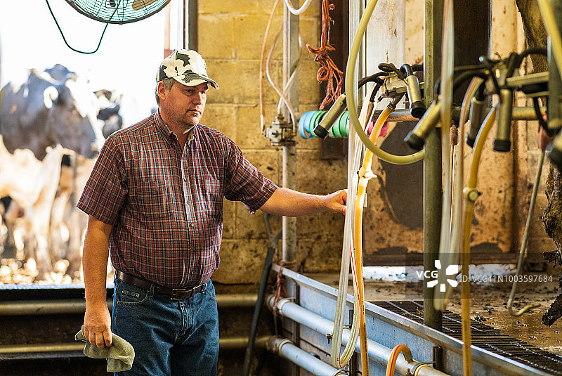 乳品工人检查挤奶设备图片素材