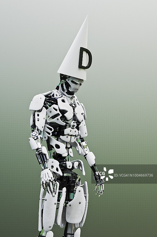 戴着呆子帽的机器人低着头站着图片素材