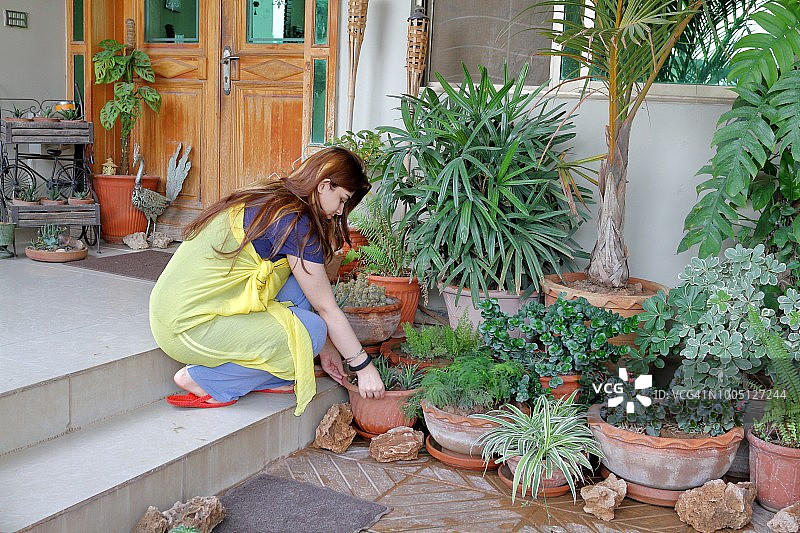巴基斯坦妇女在家园艺，照料植物图片素材