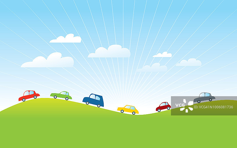 在乡村卡通中行驶的汽车图片素材