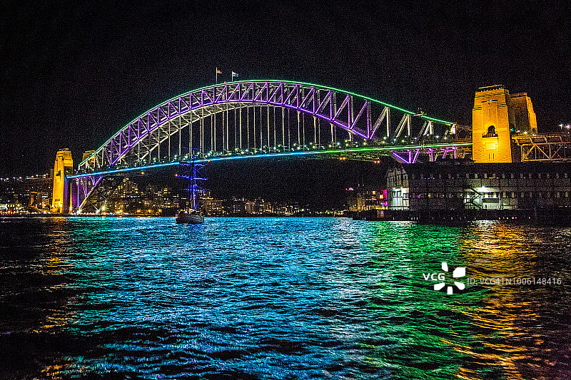 Vivid灯光节期间的悉尼海港大桥图片素材
