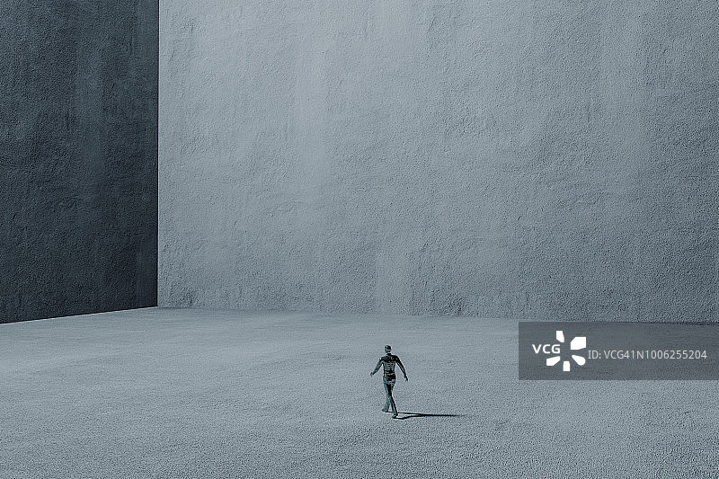 孤独的男人走在超现实的未来街道上图片素材