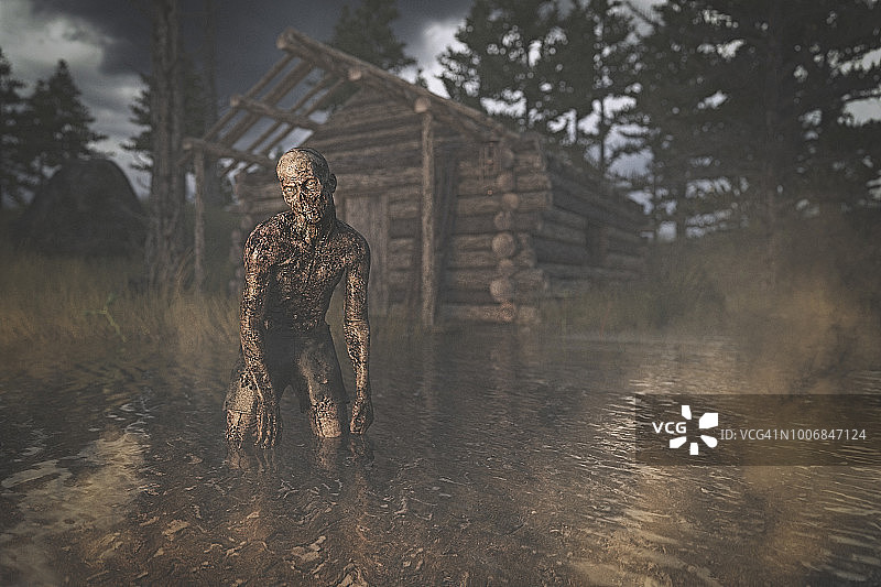暮色薄雾沼泽中木屋旁的僵尸男人图片素材