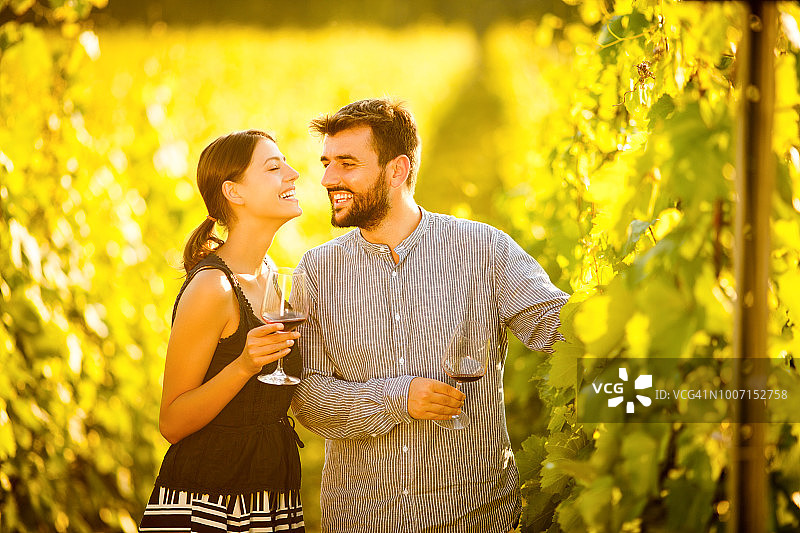 情侣在葡萄园品尝美酒，享受浪漫时光图片素材