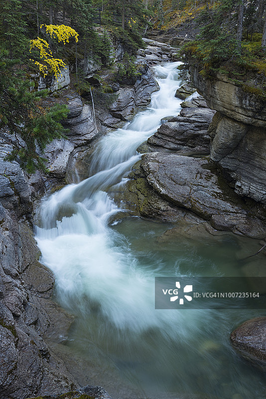 加拿大阿尔伯塔省贾斯珀国家公园马琳峡谷的秋叶和河流（联合国教科文组织世界遗产）图片素材