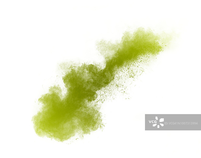 白色背景上淡绿色粉末爆炸的形态与纹理全画幅图片素材