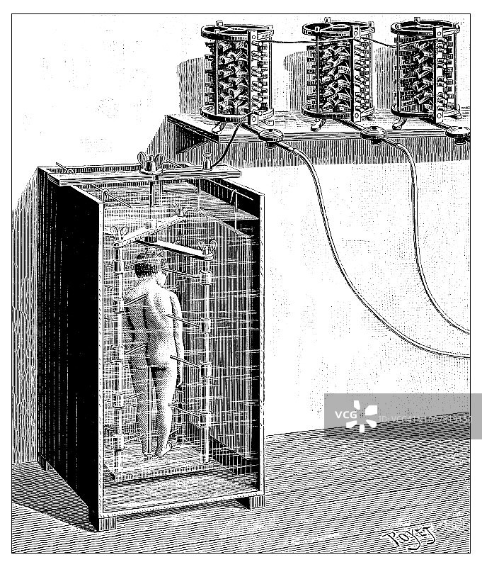 古典科学雕刻插图：尸体上的科学电流实验图片素材