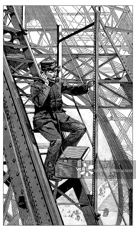 埃菲尔铁塔压力计古董科学版画插图图片素材