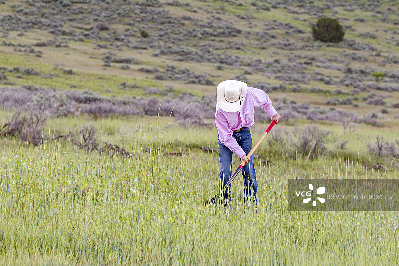 在犹他州盐湖城圣塔金山谷用铲子的年轻牛仔图片素材