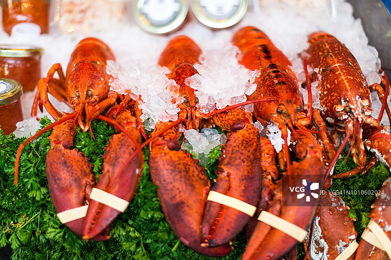 生鲜龙虾在食品市场的冰上排列图片素材