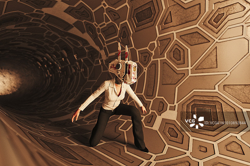 在数据隧道中戴着机器人头的女人图片素材
