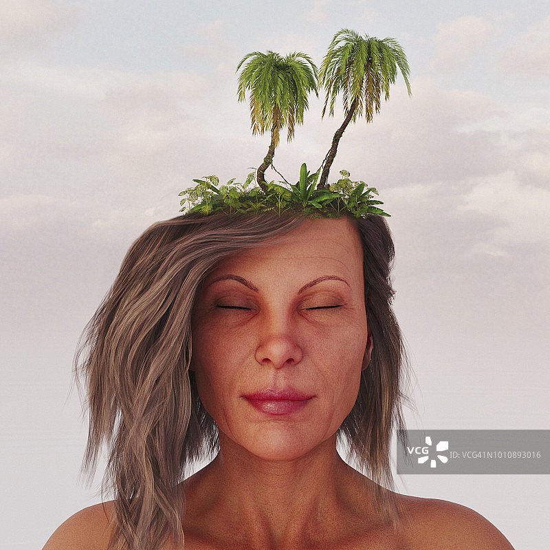 中年妇女梦想着有棕榈树的荒岛图片素材