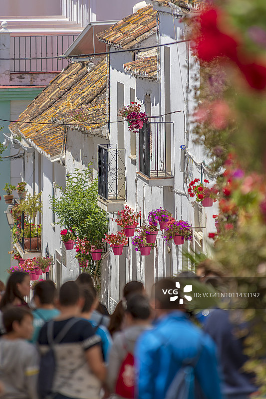 埃斯特波纳的特色街道，镇议会提供并摆放着花盆，每条街道都有自己的配色方案，前景是外出游玩的学生图片素材