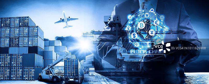 具有全球物流伙伴关系的智能技术概念：工业集装箱货运船，物联网，快速或即时运输的概念，全球在线商品订单图片素材