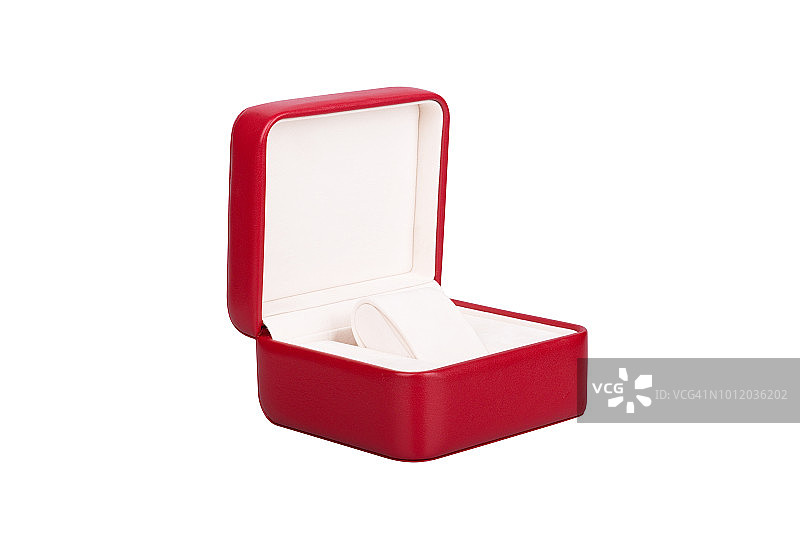 白色背景上打开的红色手表盒图片素材
