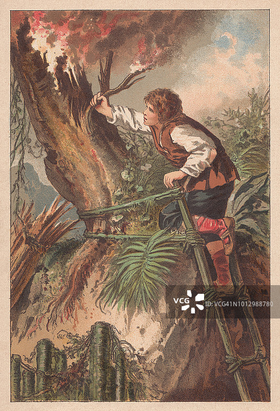 1877年出版的石版画：罗宾逊在雷雨后发现火图片素材