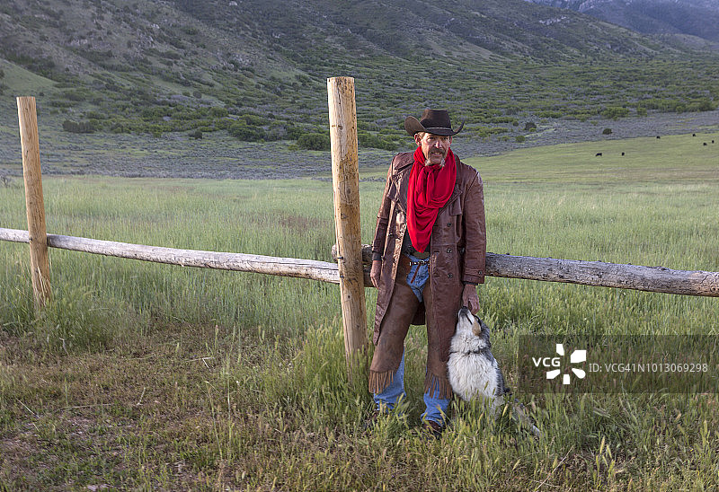 美国犹他州盐湖城圣奎因山谷的老牛仔和狗图片素材