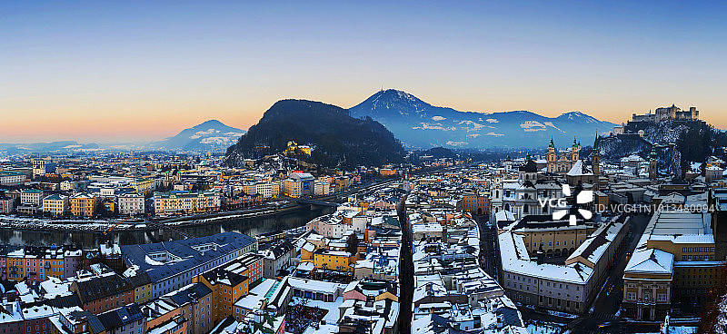 日落时分的萨尔茨堡城市天际线全景（奥地利）图片素材