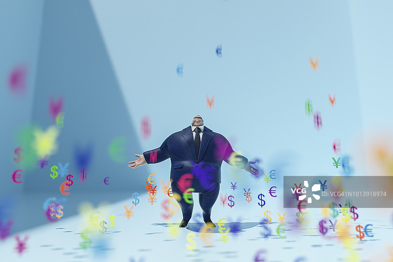 肥胖的富有商人和倾泻而下的货币图片素材