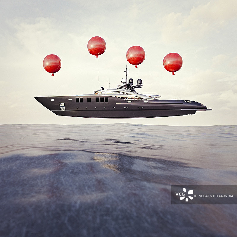 由四个红色气球支撑漂浮在海上的豪华游艇图片素材