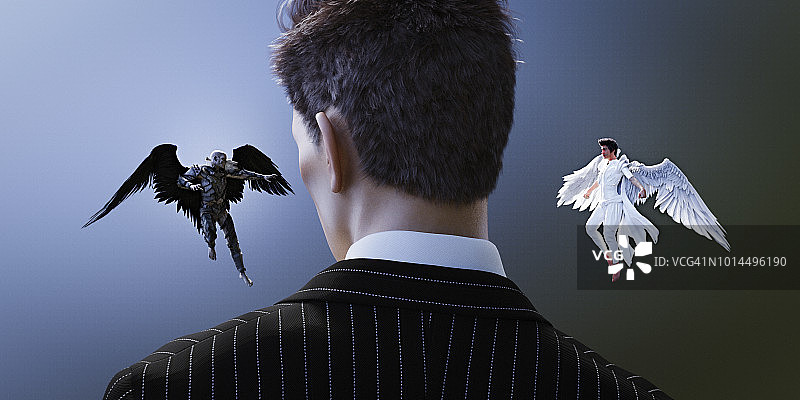 魔鬼与天使在商人耳边低语图片素材