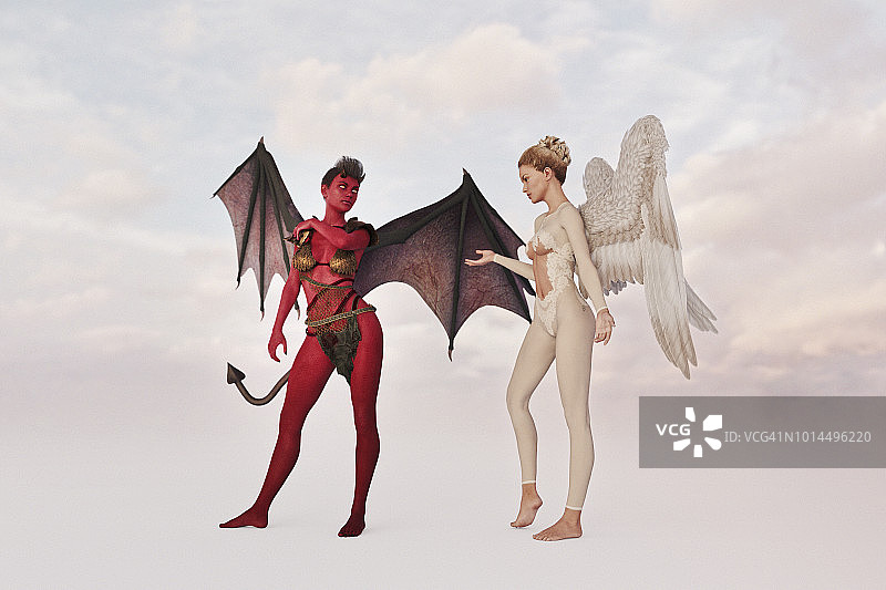 白色天使和红色恶魔的激烈争论图片素材