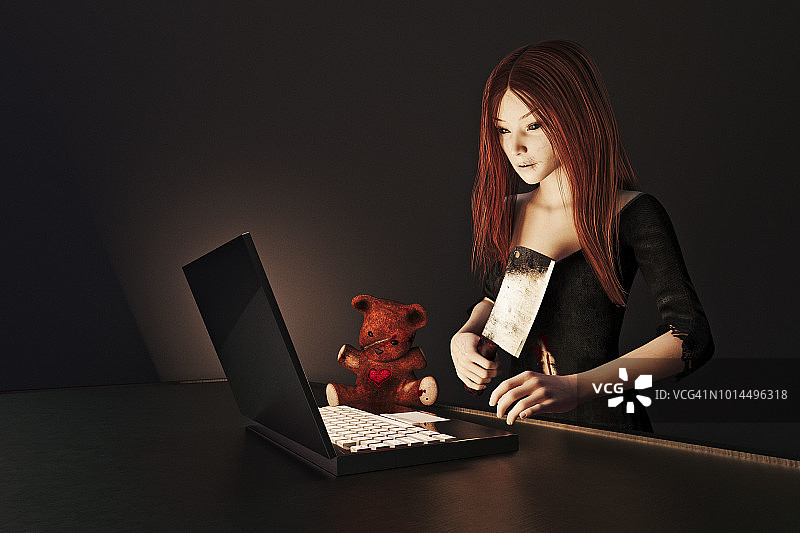 恐怖青少年黑眼珠砍刀泰迪熊图片素材