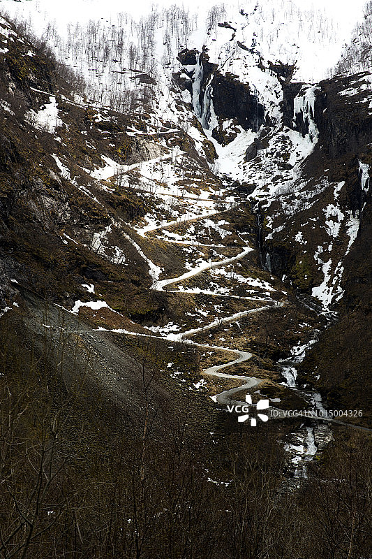 在路上：挪威弗莱姆山谷的陡峭道路图片素材