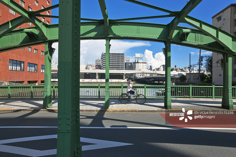 日本东京老城区历史柳桥与送货自行车图片素材
