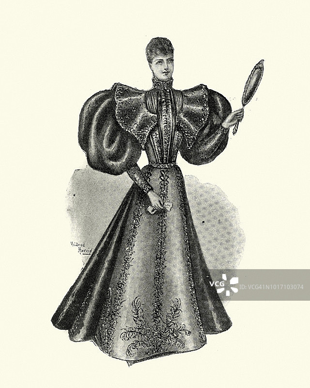 维多利亚时期时尚，19世纪90年代，身穿刺绣泡泡袖连衣裙的女子图片素材