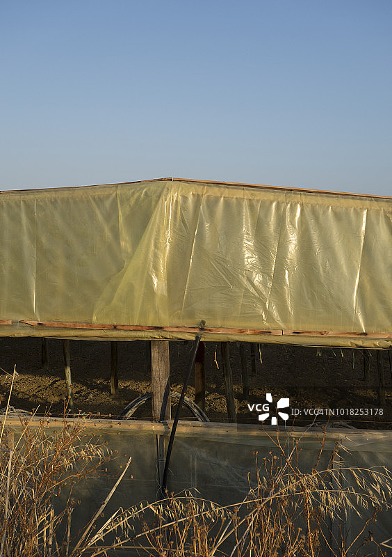 希腊，2018：用合成薄膜和木框架搭建的自制塑料温室图片素材