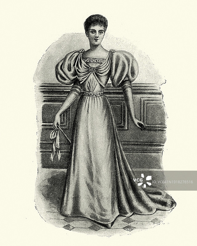 19世纪90年代维多利亚时代女性时装泡泡袖晚礼服图片素材