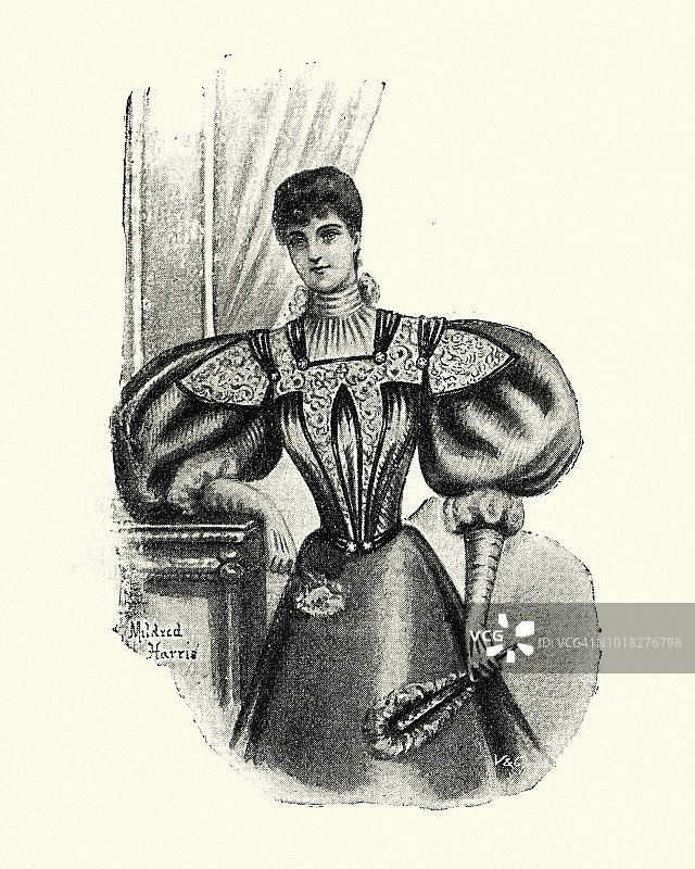 维多利亚时期女性时装：19世纪90年代的泡泡袖连衣裙图片素材