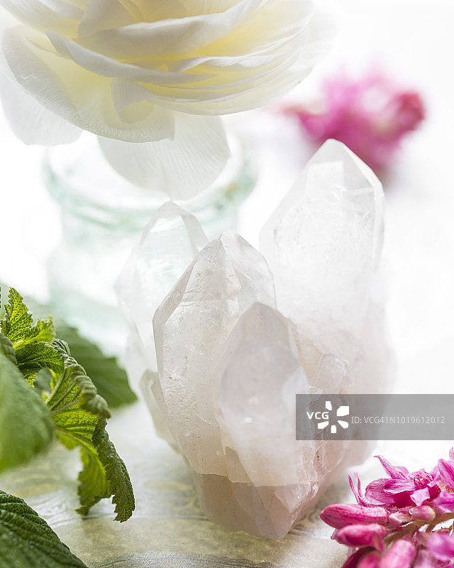 背景鲜花的石英多点晶体矩阵图片素材