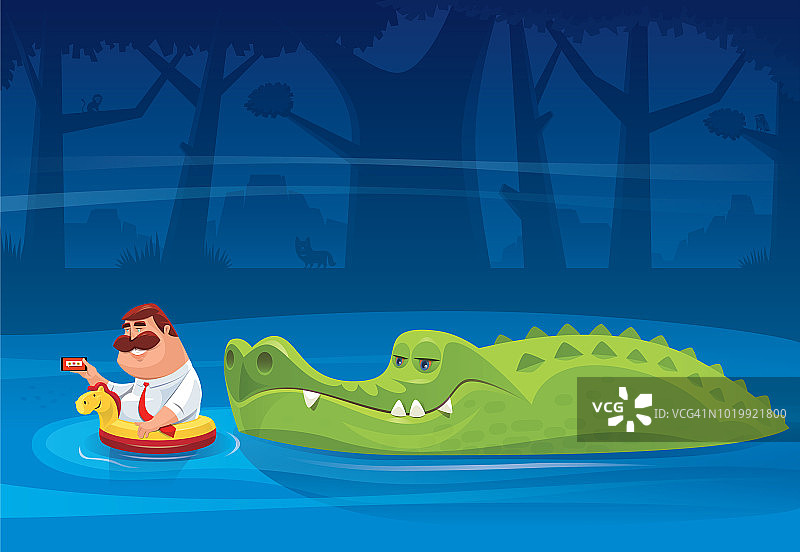 鳄鱼看着拿智能手机的胖男人图片素材