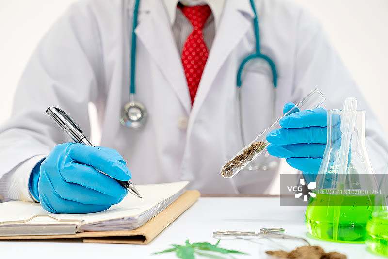 医生手持并向患者提供罐装医用大麻：个人用大麻处方，合法轻型药物处方，替代疗法或药物，民间药物概念图片素材