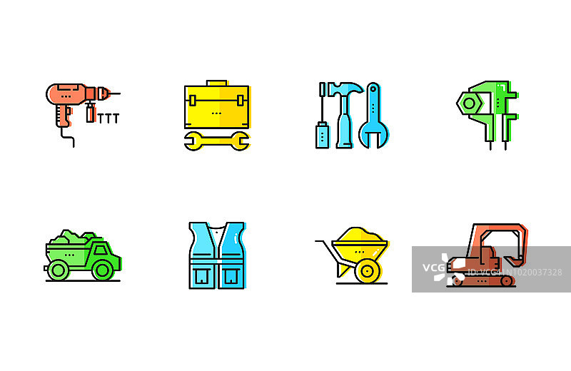 工地施工彩色线条图标集图片素材