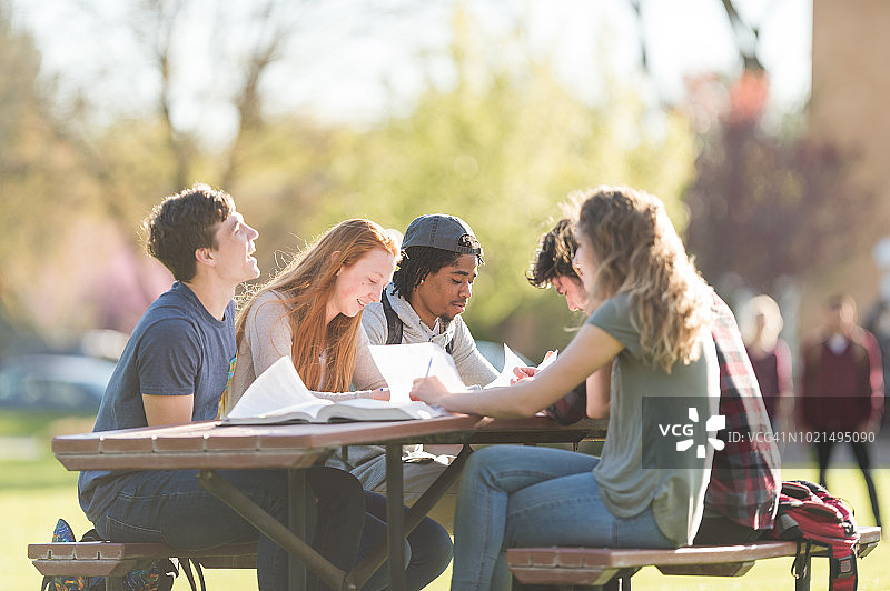 大学生在户外野餐桌旁学习图片素材