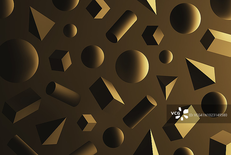 棕色背景前的方块、金字塔、球体和长方体图片素材