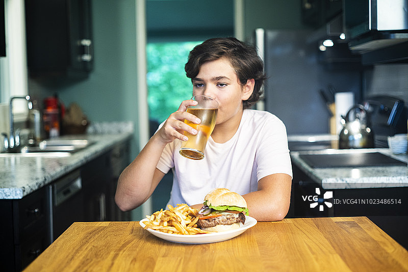 一个青春期前的男孩吃着汉堡和薯条图片素材