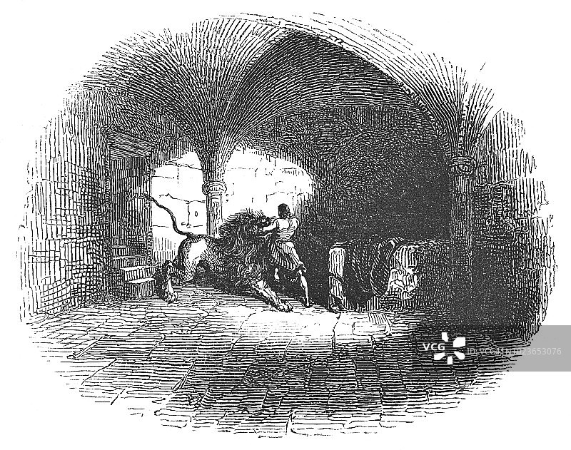 莎士比亚作品：理查一世在牢房中与狮子搏斗图片素材