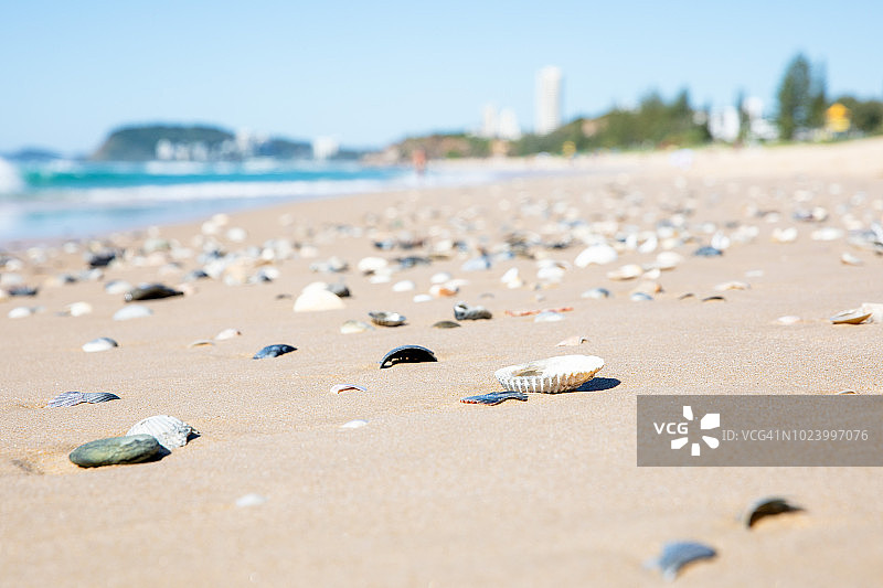 两个孩子在澳大利亚昆士兰州黄金海岸的海滩上玩沙和水图片素材