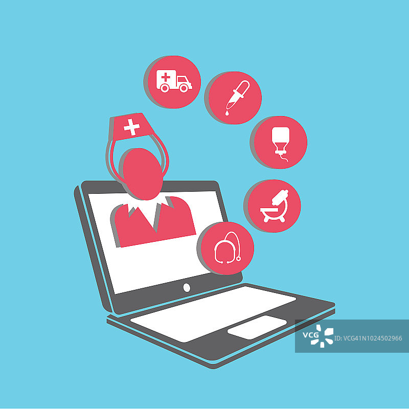 在线医疗服务：女医生在笔记本电脑屏幕上进行医疗咨询图片素材