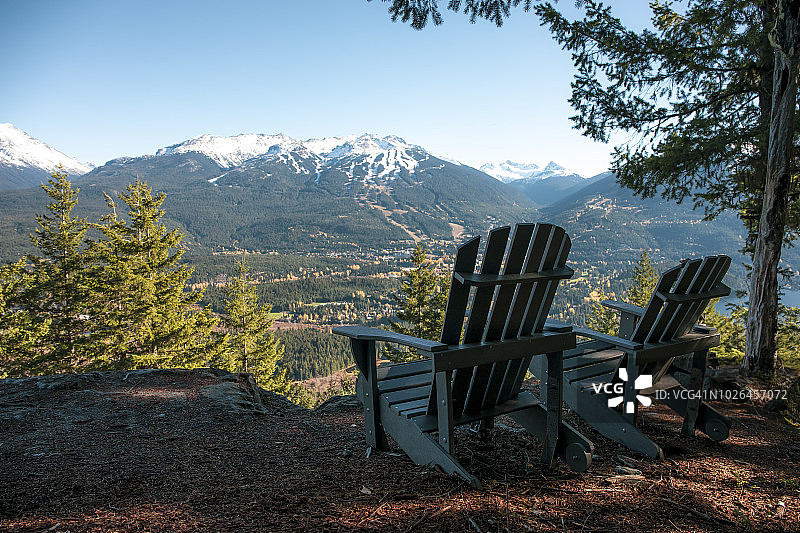 可欣赏山景的躺椅，加拿大不列颠哥伦比亚省惠斯勒图片素材
