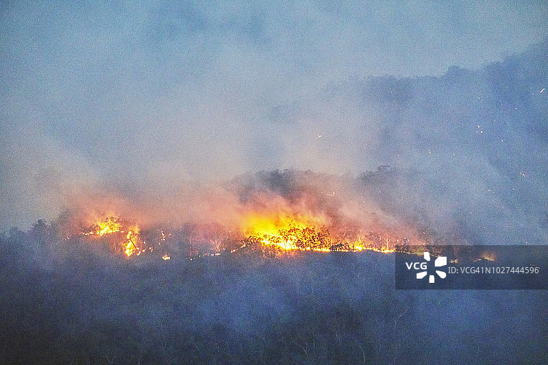 澳大利亚蓝山烟雾弥漫的山谷中的森林火灾、丛林大火图片素材