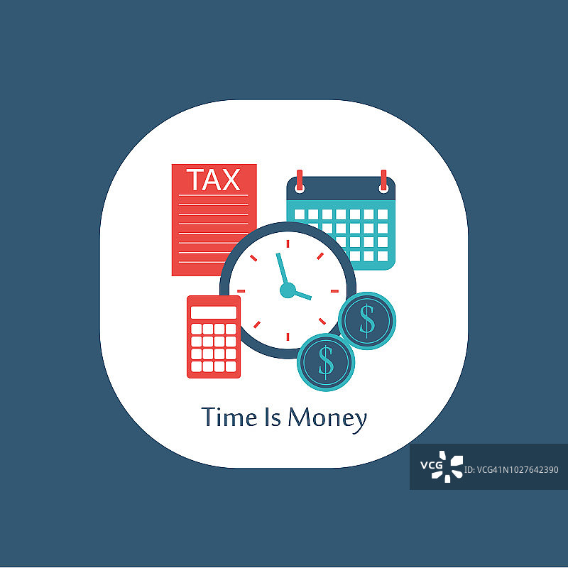 扁平风格时钟与美元硬币时间就是金钱概念图片素材