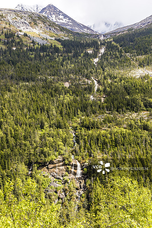 从山羊湖流向史卡agway河的沥青叉瀑布，从美国阿拉斯加史卡agway东北部的克朗代克高速公路观看图片素材